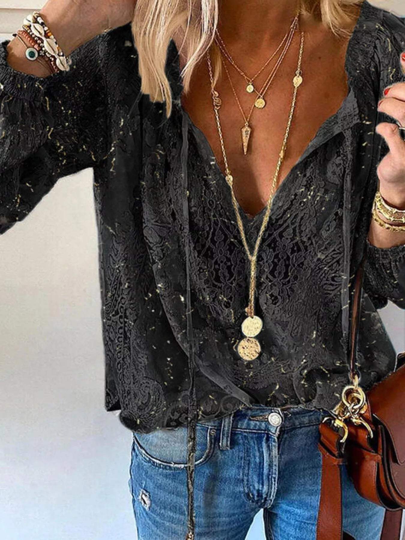 Lace Tie-Neck Blouse - Trendsi - Flyclothing LLC