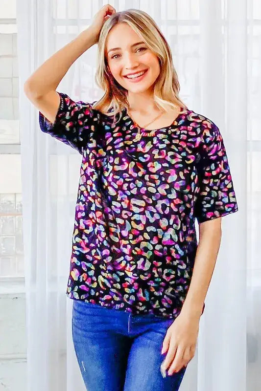 And The Why Leopard Foil Printed Half Sleeve Summer Sweater - Trendsi - Flyclothing LLC