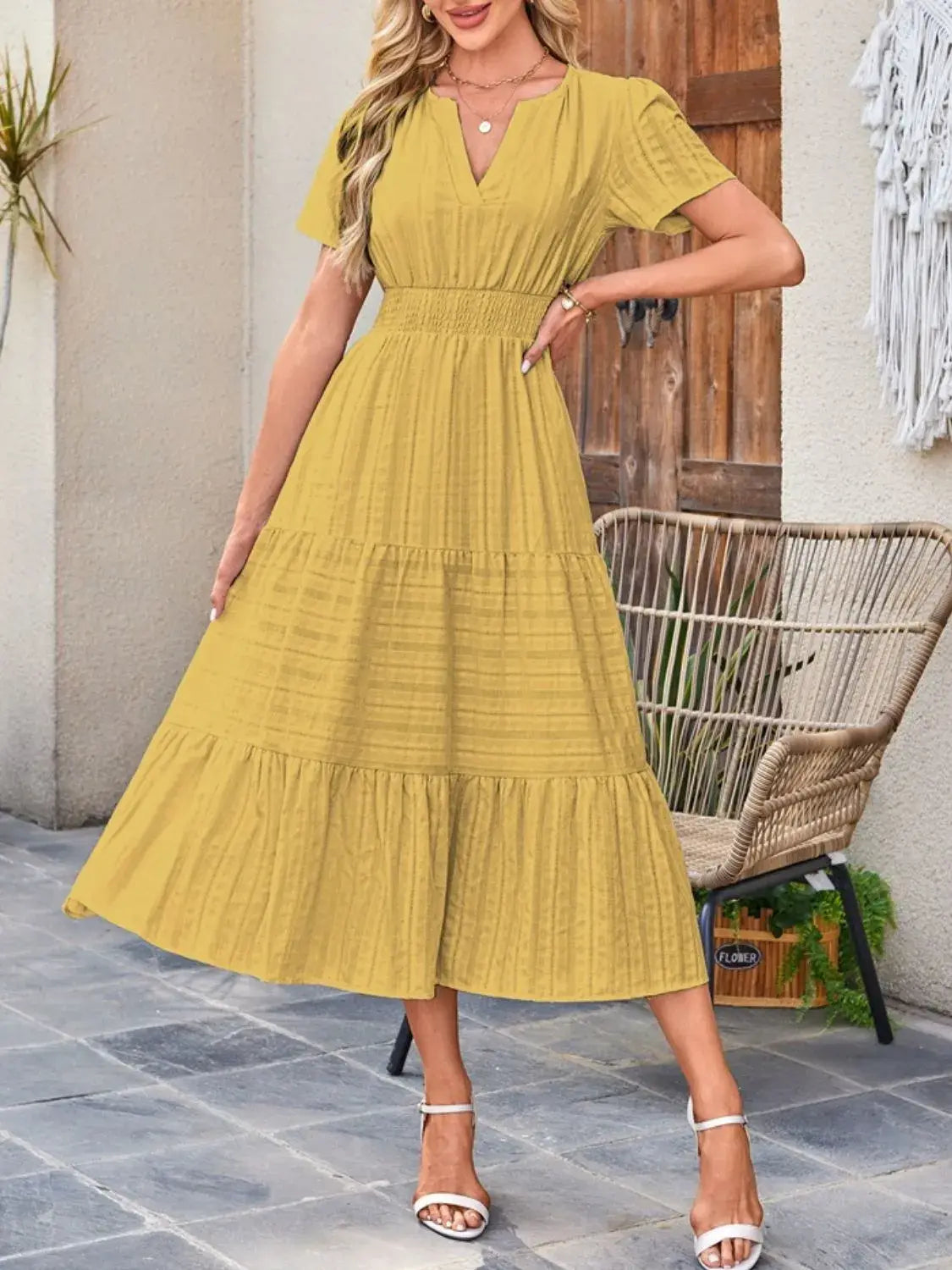 Tiered Notched Short Sleeve Dress - Trendsi - Flyclothing LLC