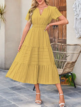Tiered Notched Short Sleeve Dress - Trendsi - Flyclothing LLC