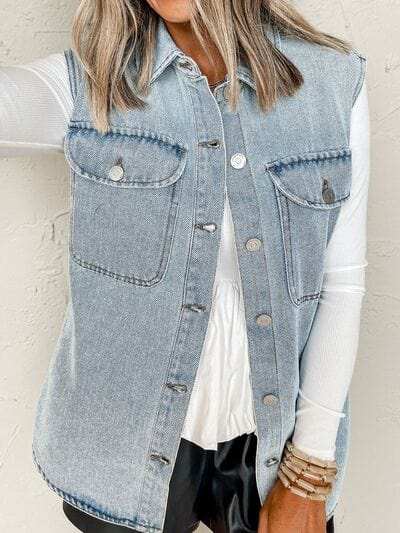 Collared Neck Button Up Denim Vest - Trendsi - Flyclothing LLC