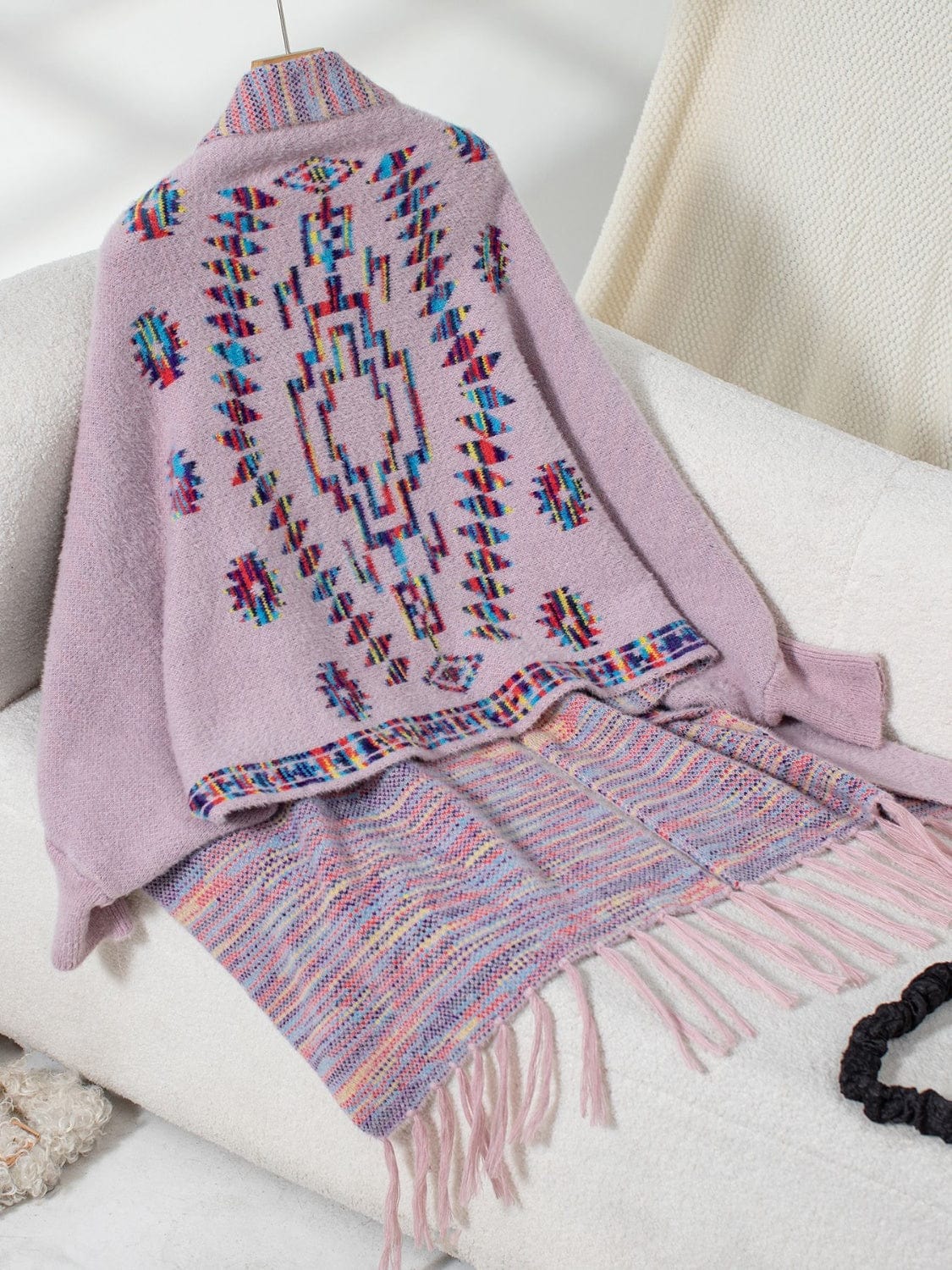 Fringe Geometric Open Front Long Sleeve Cape - Trendsi