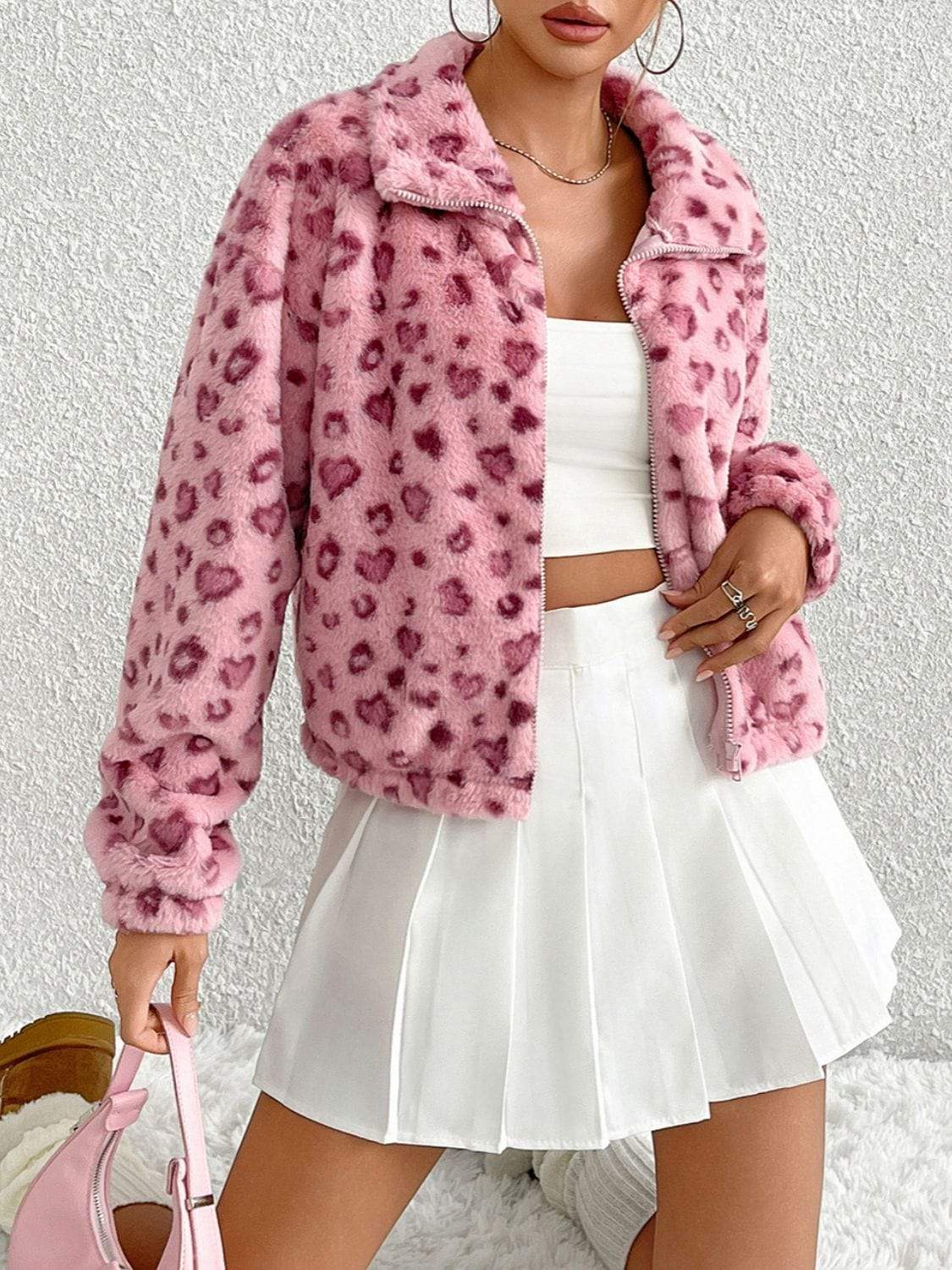 Leopard Zip Up Long Sleeve Furry Jacket - Trendsi - Flyclothing LLC