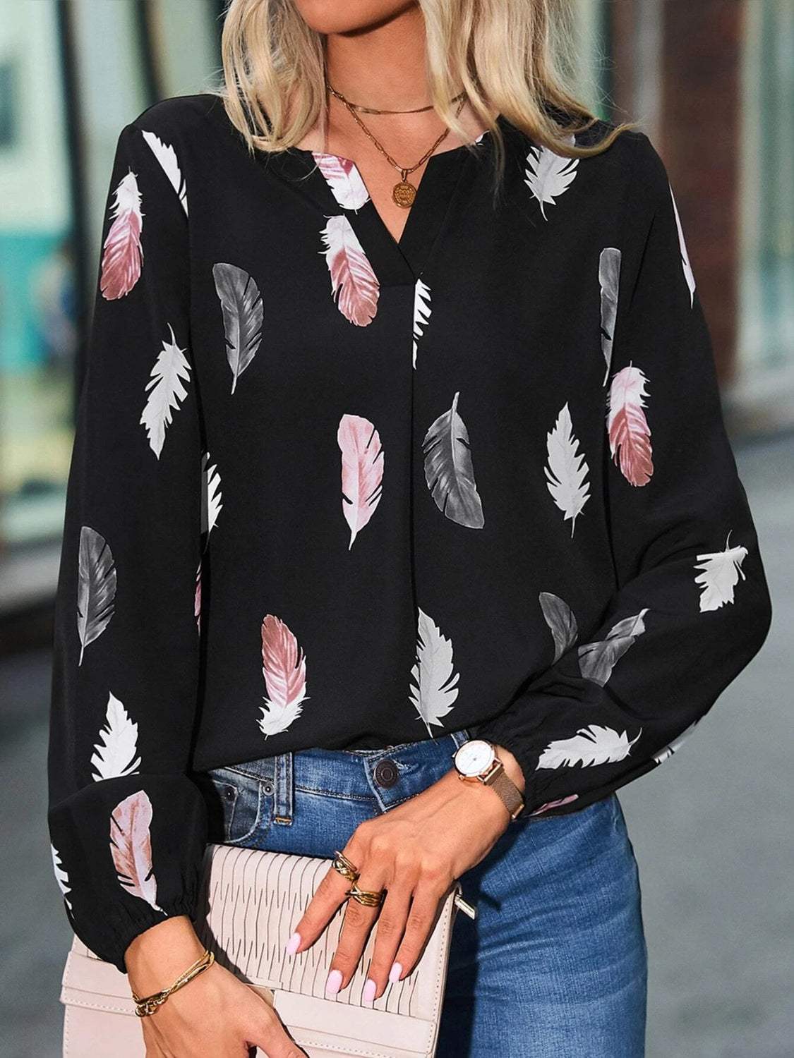 Feather Print Notched Balloon Sleeve Top - Trendsi - Flyclothing LLC