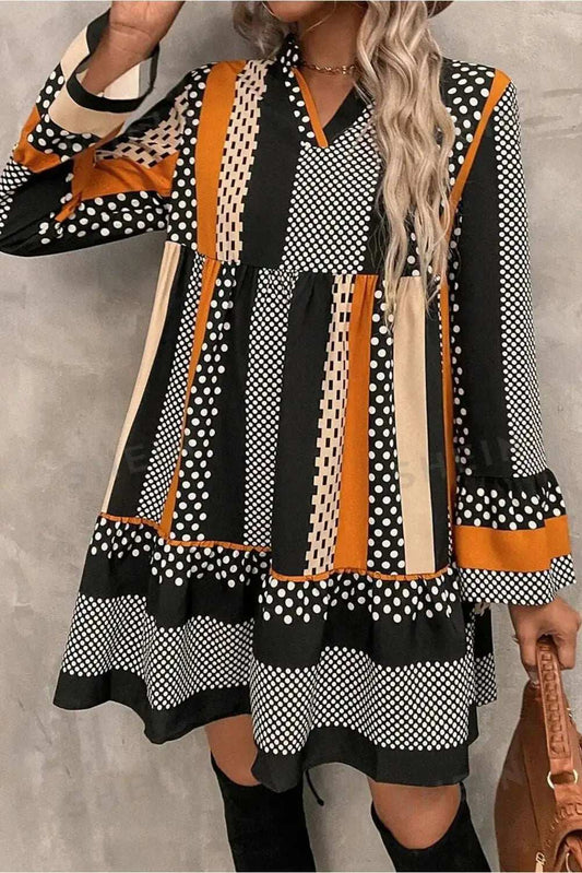 Printed Notched Long Sleeve Mini Dress - Trendsi - Flyclothing LLC