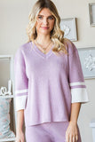 First Love Contrast V Neck Ribbed Knit Top - Trendsi