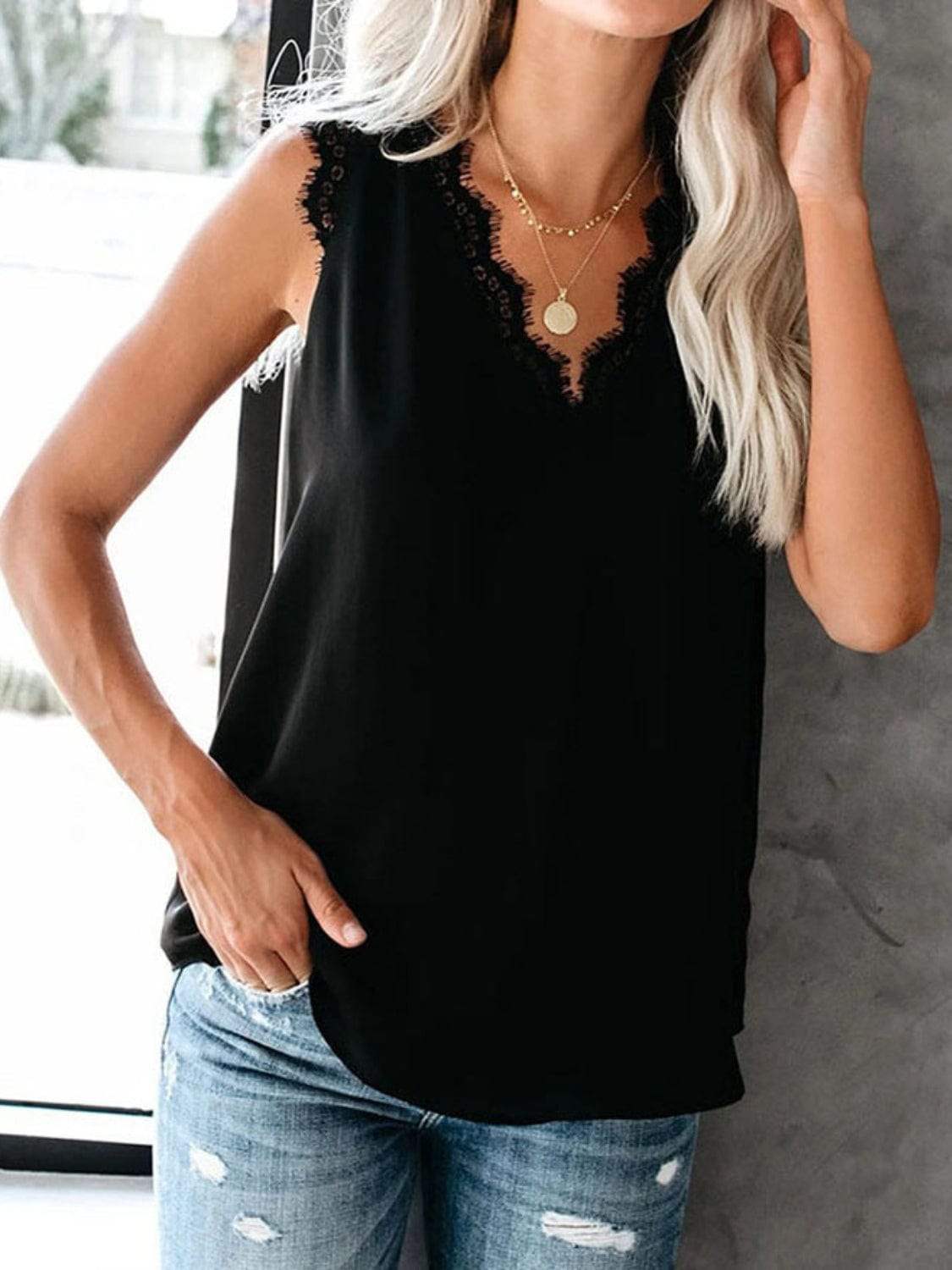 Lace Detail V-Neck Tank - Trendsi - Flyclothing LLC
