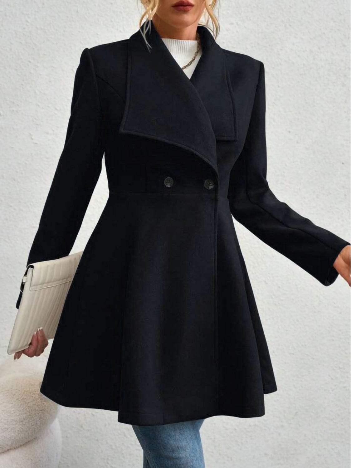 Collared Neck Button Up Long Sleeve Coat - Trendsi - Flyclothing LLC