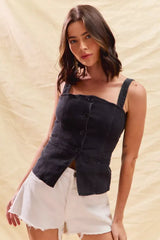 SO ME Button Down Sleeveless Game Day Fitted Denim Top - Trendsi - Flyclothing LLC
