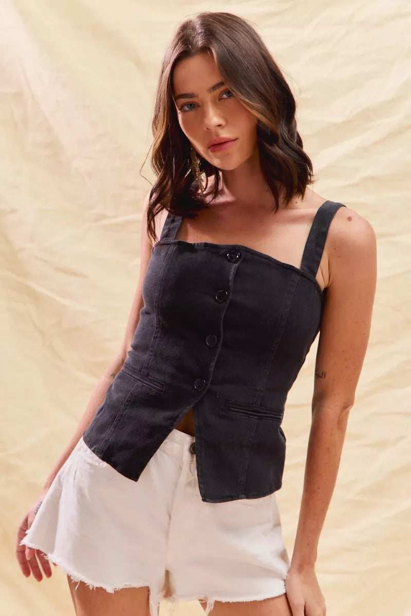 SO ME Button Down Sleeveless Game Day Fitted Denim Top - Trendsi - Flyclothing LLC