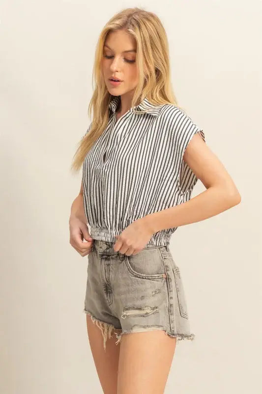 HYFVE Striped Elastic Hem Johnny Collar Cap Sleeve Blouse - Trendsi - Flyclothing LLC