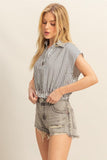 HYFVE Striped Elastic Hem Johnny Collar Cap Sleeve Blouse - Trendsi