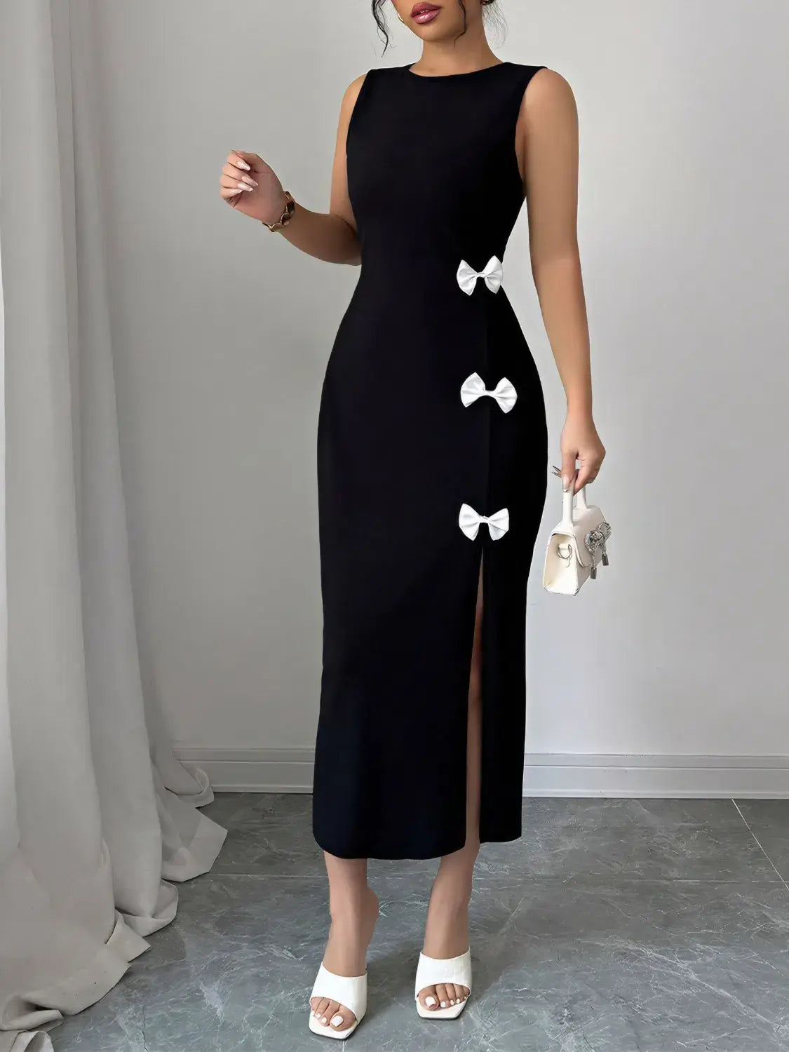 Bow Slit Round Neck Sleeveless Dress - Trendsi - Flyclothing LLC