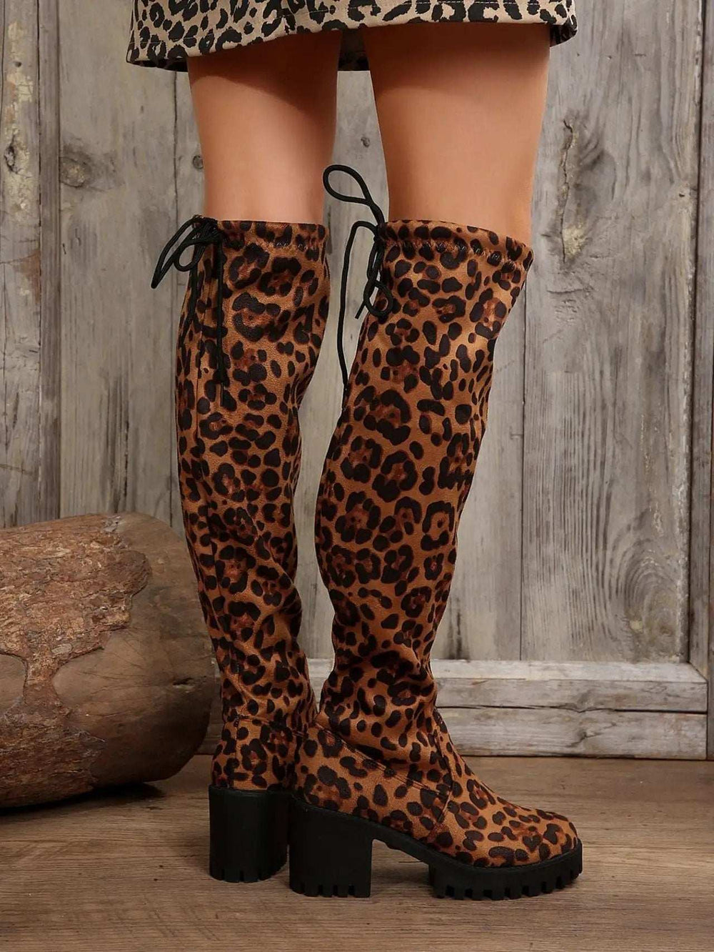 Leopard Round Toe Block Heel Boots - Trendsi - Flyclothing LLC
