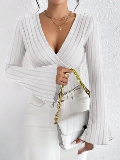 Ribbed Flare Sleeve Top - Trendsi - Flyclothing LLC