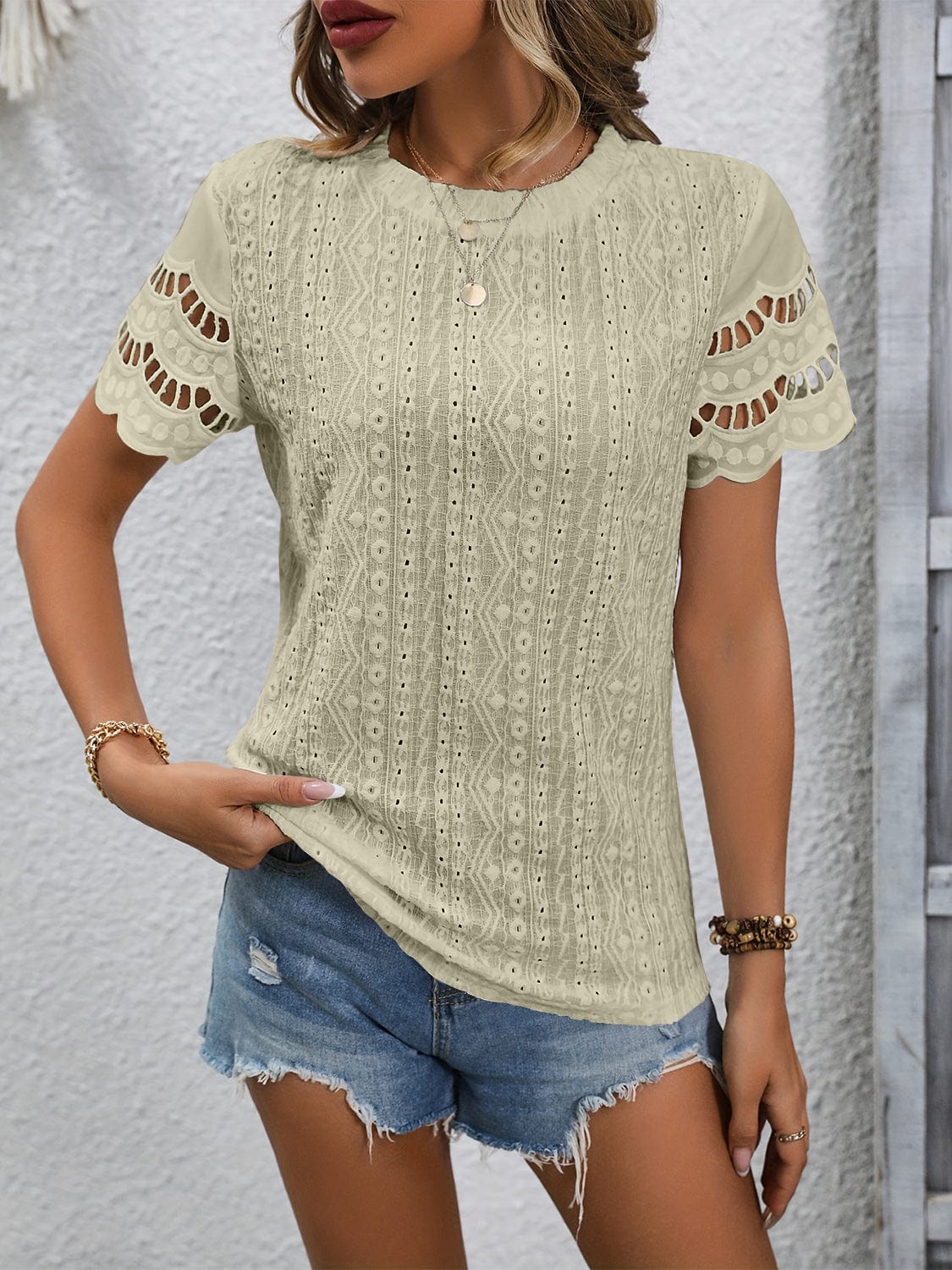 Full Size Eyelet Round Neck Short Sleeve Top - Trendsi