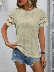Full Size Eyelet Round Neck Short Sleeve Top - Trendsi