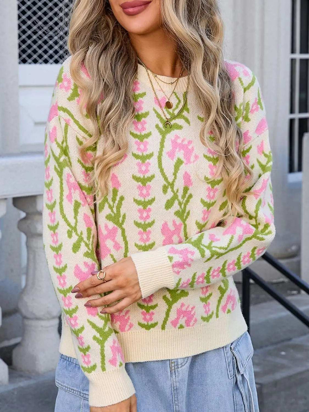 Flower Round Neck Long Sleeve Sweater - Trendsi - Flyclothing LLC