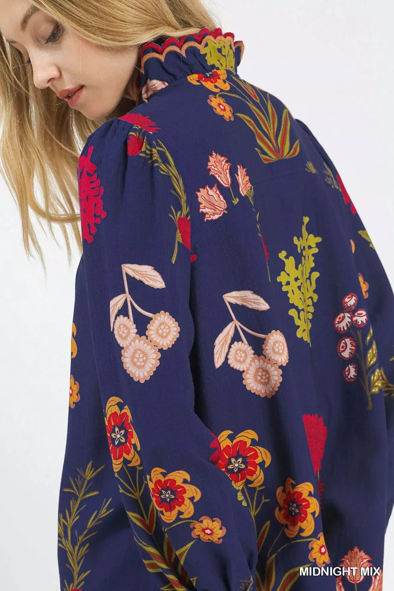 Umgee Flower Print Blouse with Scalloped Neckline - Trendsi - Flyclothing LLC