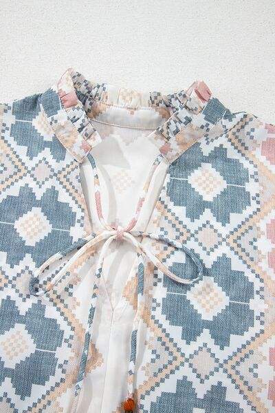 Tassel Tie Neck Balloon Sleeve Blouse - Trendsi - Flyclothing LLC