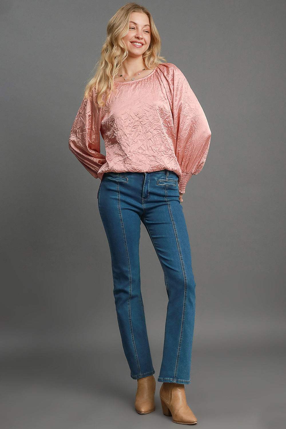 Umgee Wrinkled Round Neck Lantern Sleeve Blouse - Trendsi - Flyclothing LLC