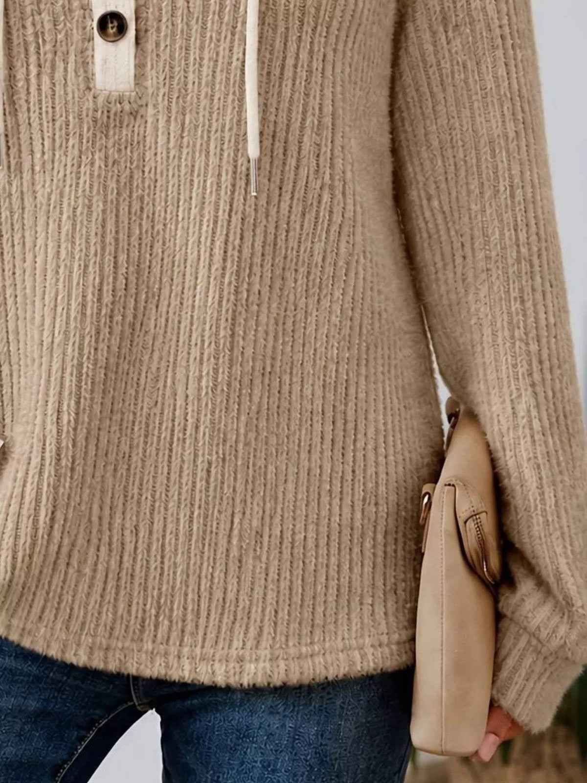 Full Size Drawstring Button Detail Hooded Sweater Plus Size - Trendsi - Flyclothing LLC