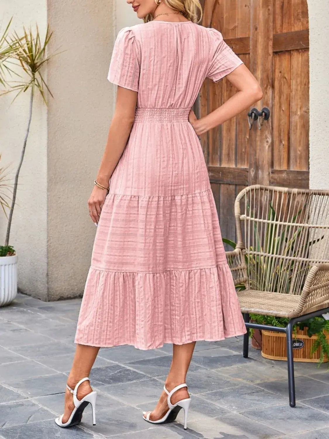 Tiered Notched Short Sleeve Dress - Trendsi - Flyclothing LLC
