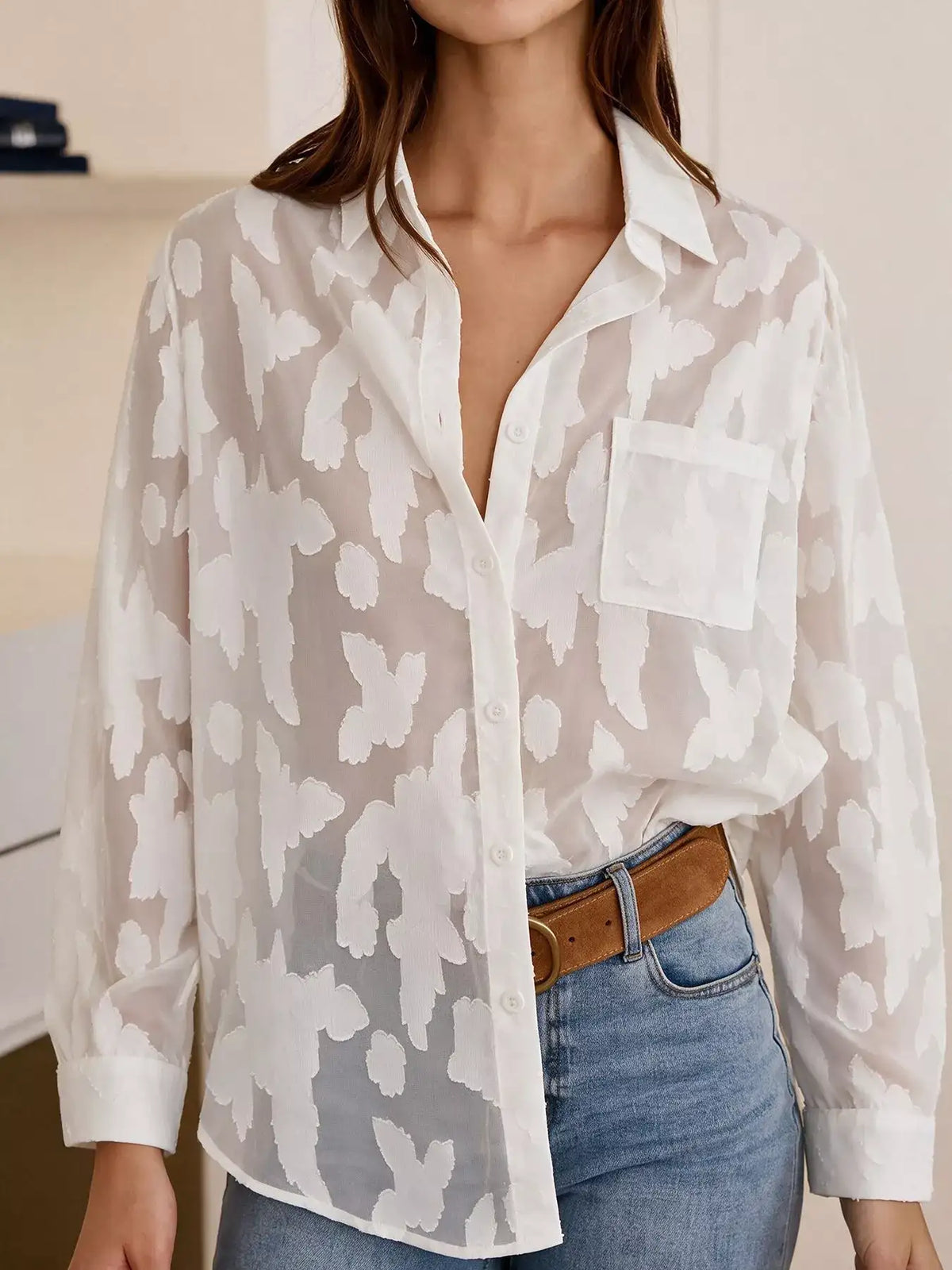 Sheer Button-Down Shirt - Trendsi - Flyclothing LLC