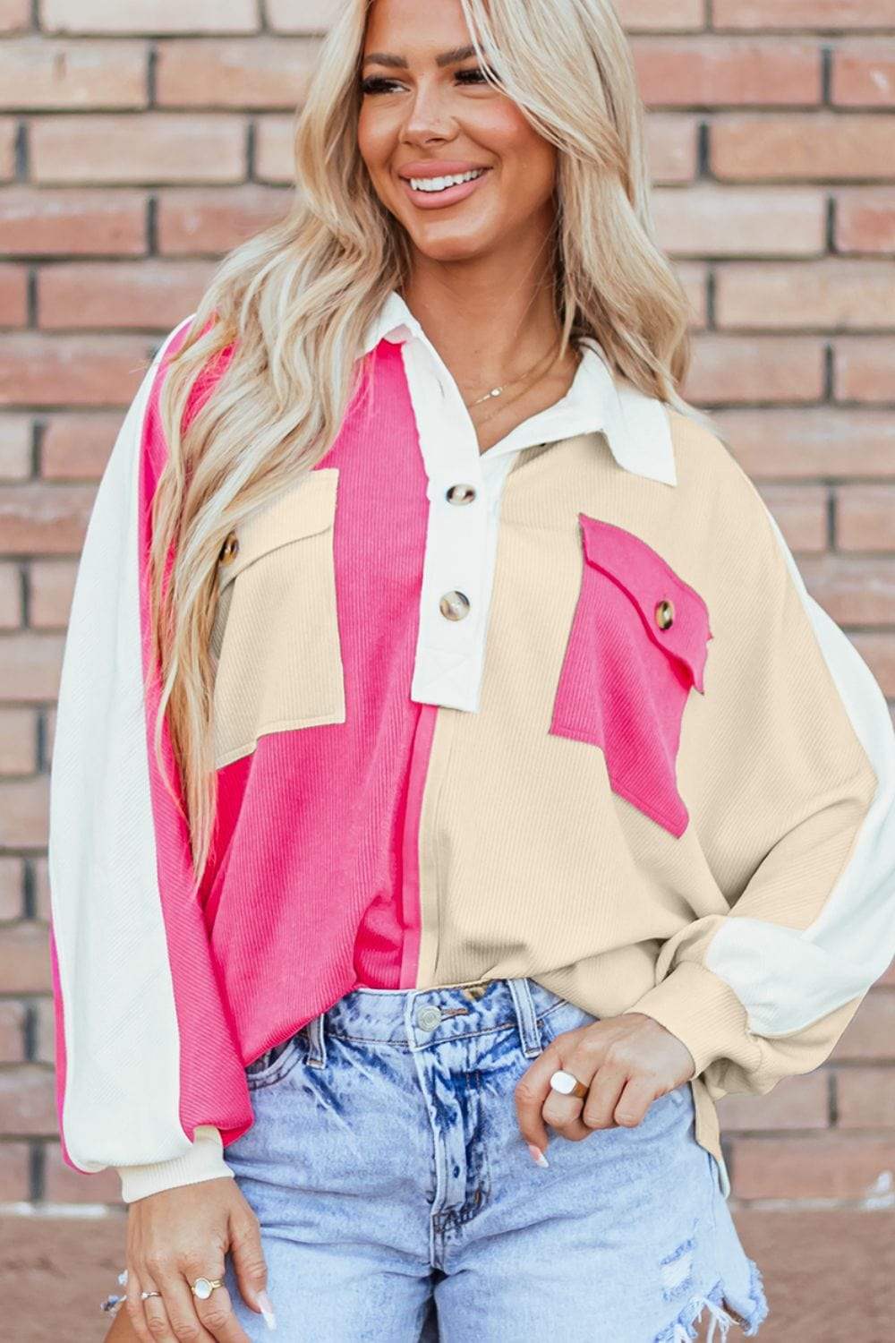 Color Block Collared Neck Long Sleeve Sweatshirt - Trendsi - Flyclothing LLC