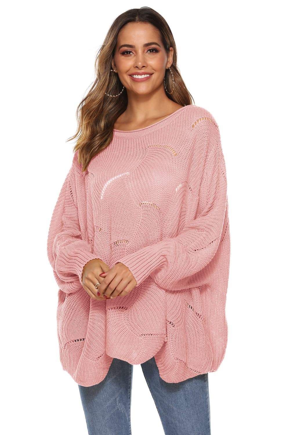 Round Neck Long Sleeve Openwork Sweater - Trendsi - Flyclothing LLC