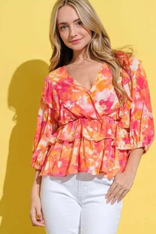And The Why Ruffled Printed Puff Sleeve Blouse - Trendsi - Flyclothing LLC