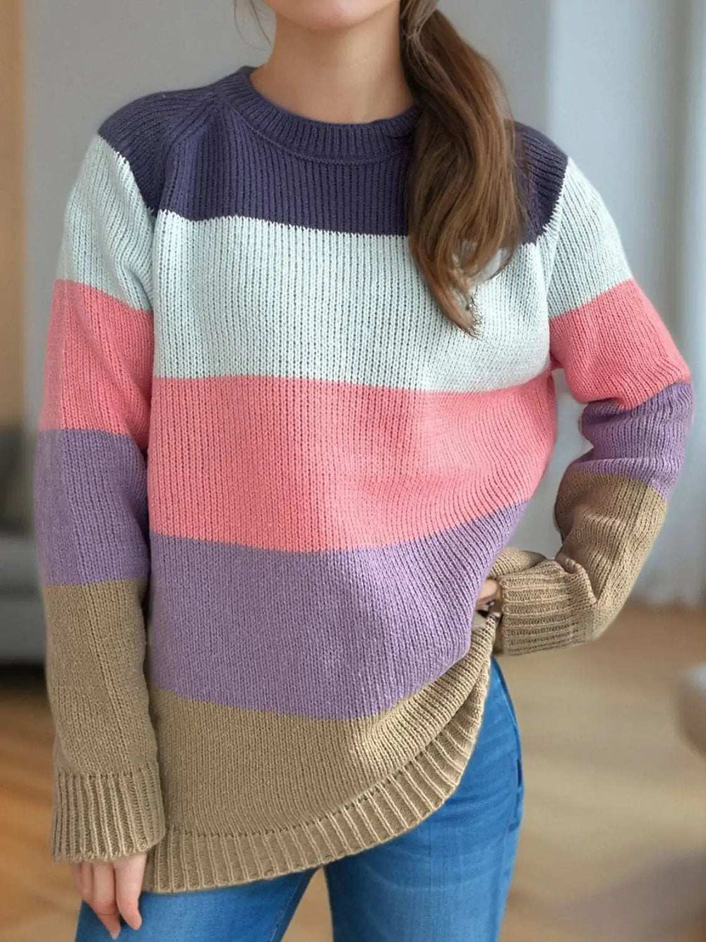 Color Block Round Neck Long Sleeve Sweater - Trendsi - Flyclothing LLC