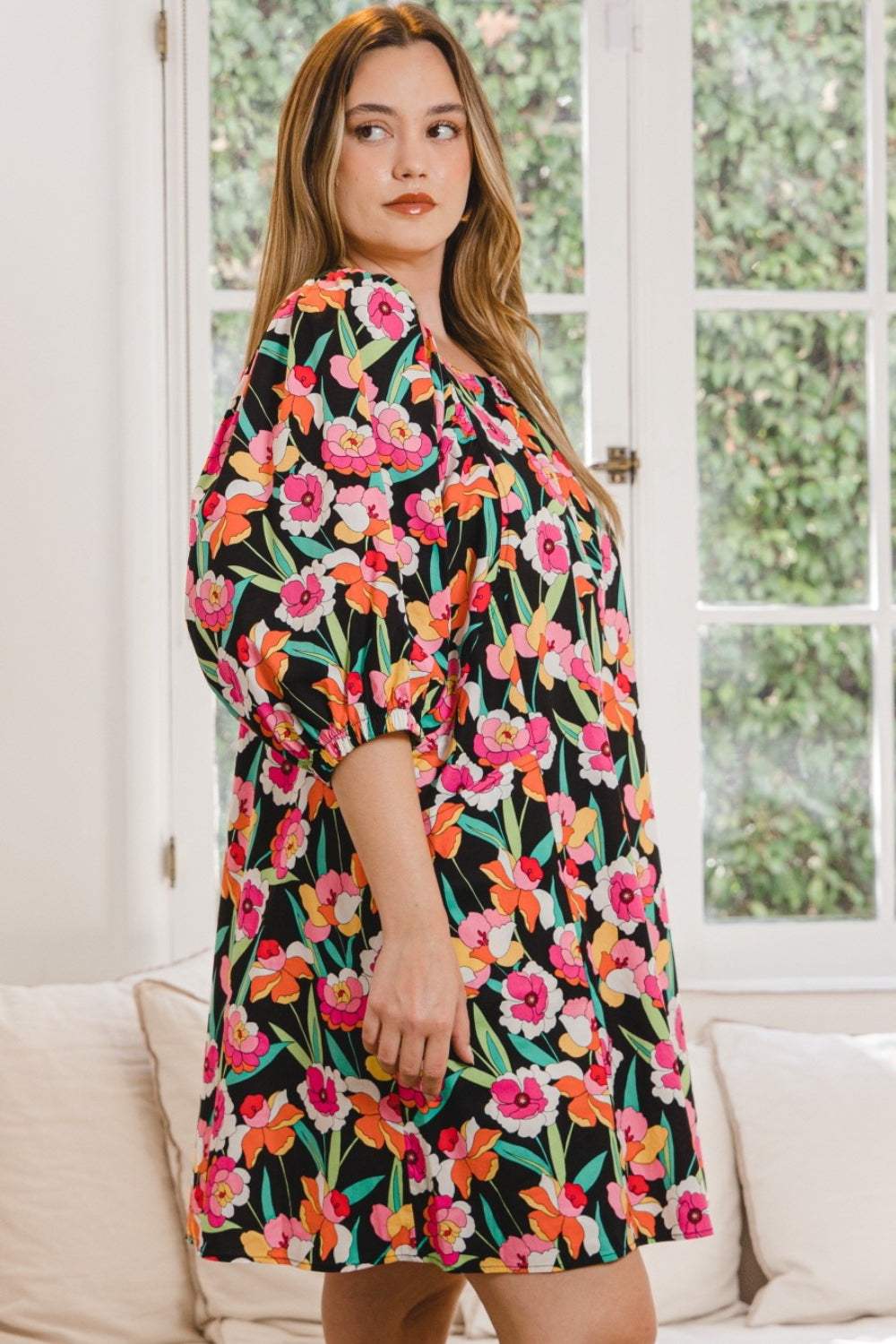 ODDI Full Size Floral Puff Sleeve Mini Dress - Trendsi - Flyclothing LLC