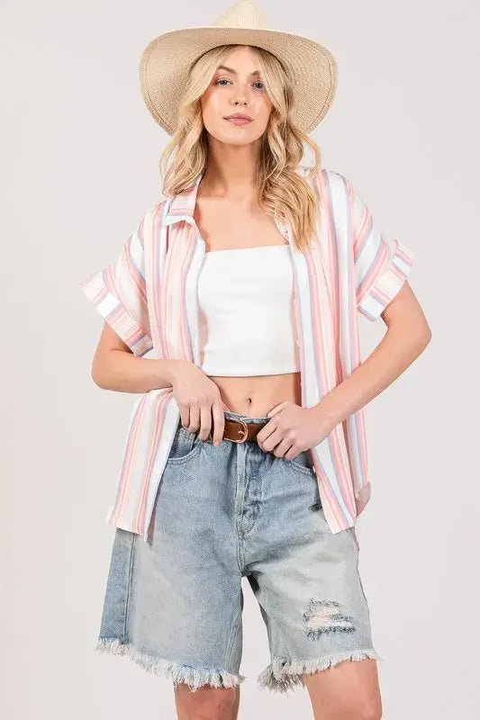 SAGE+FIG Full Size Multi Stripe Button Down Short Sleeve Shirt Plus Size - Trendsi - Flyclothing LLC