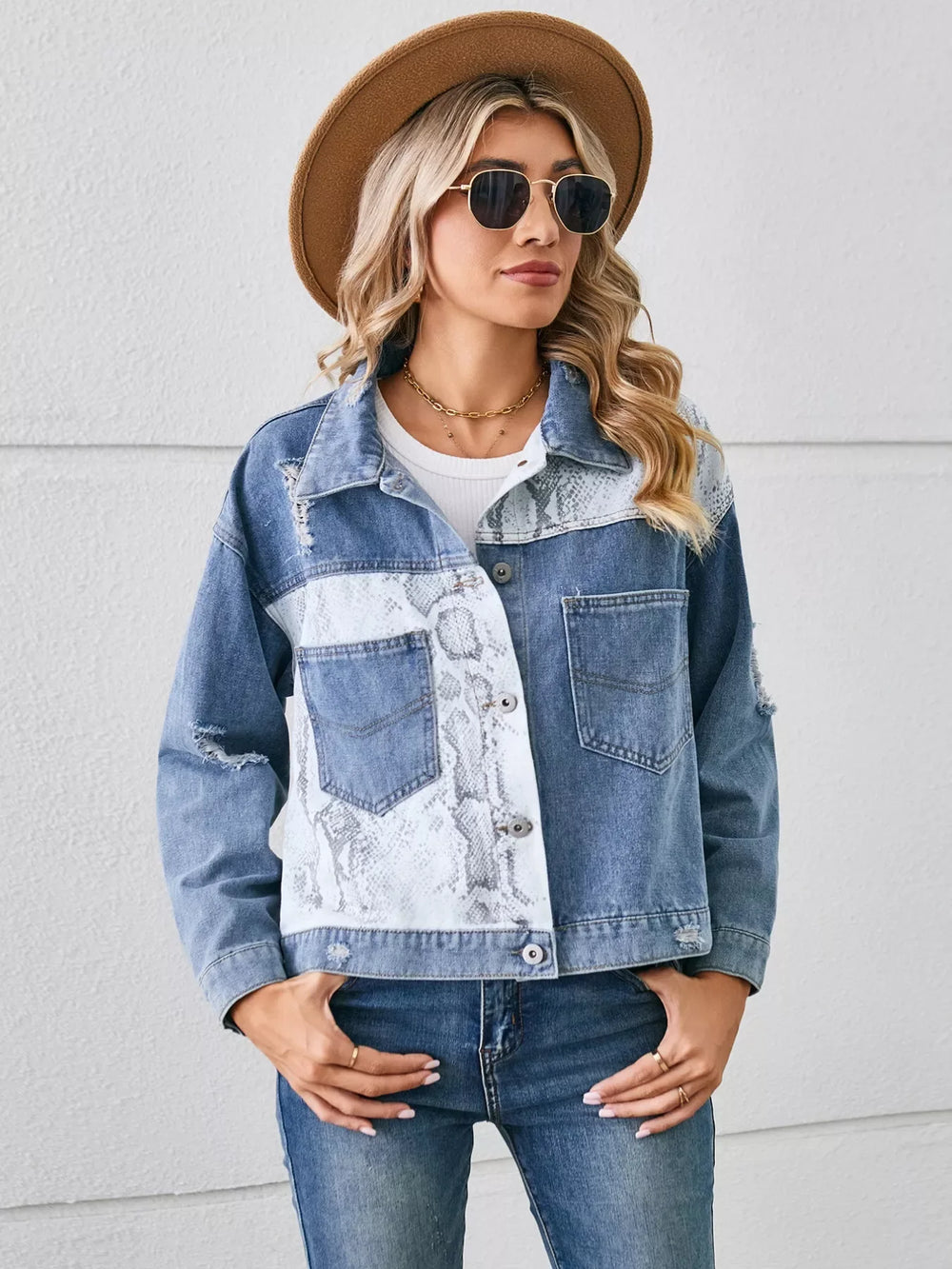 Snake Print Button Up Denim Jacket - Trendsi - Flyclothing LLC
