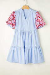 Embroidered Striped Notched Short Sleeve Dress - Trendsi - Flyclothing LLC