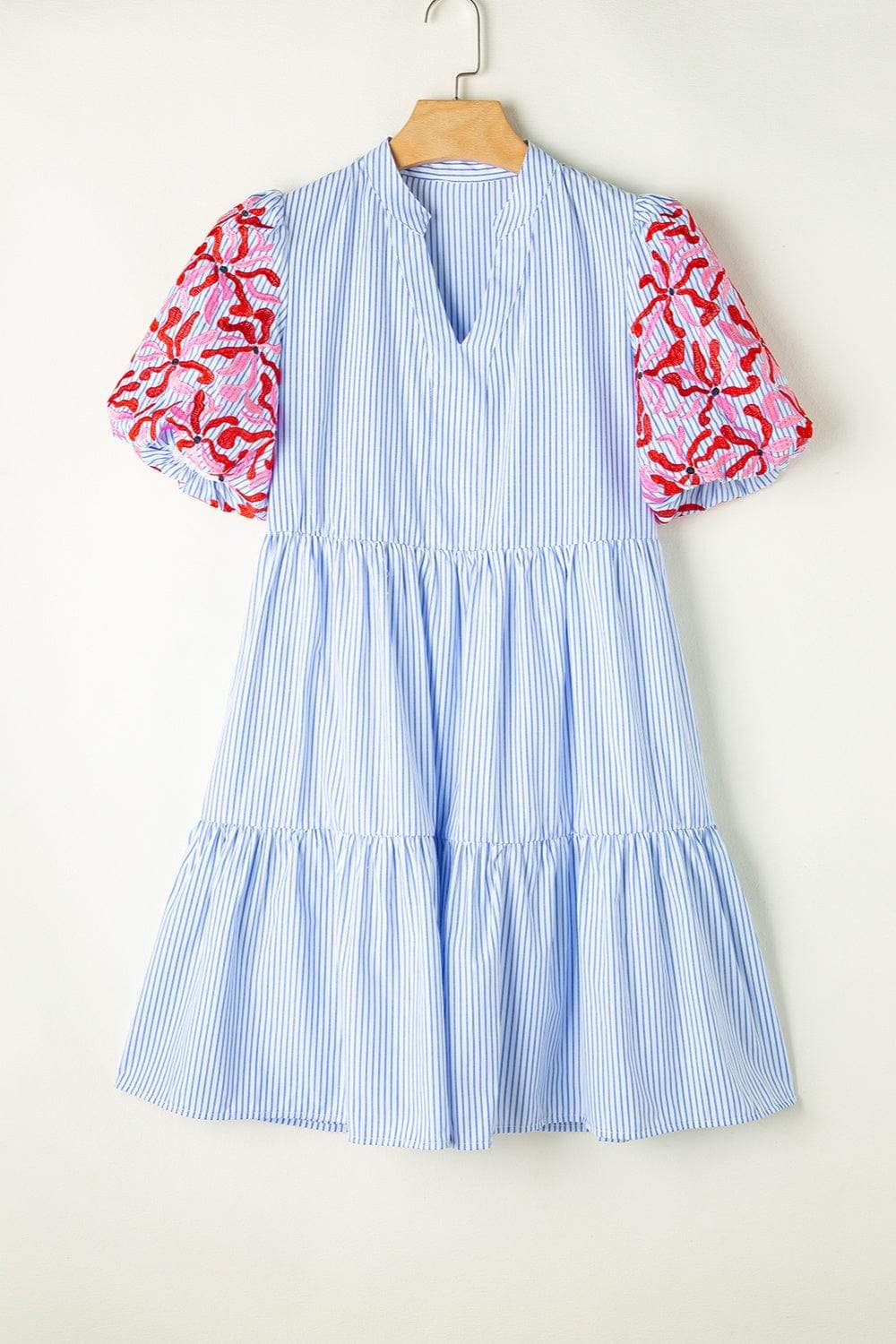 Embroidered Striped Notched Short Sleeve Dress - Trendsi - Flyclothing LLC