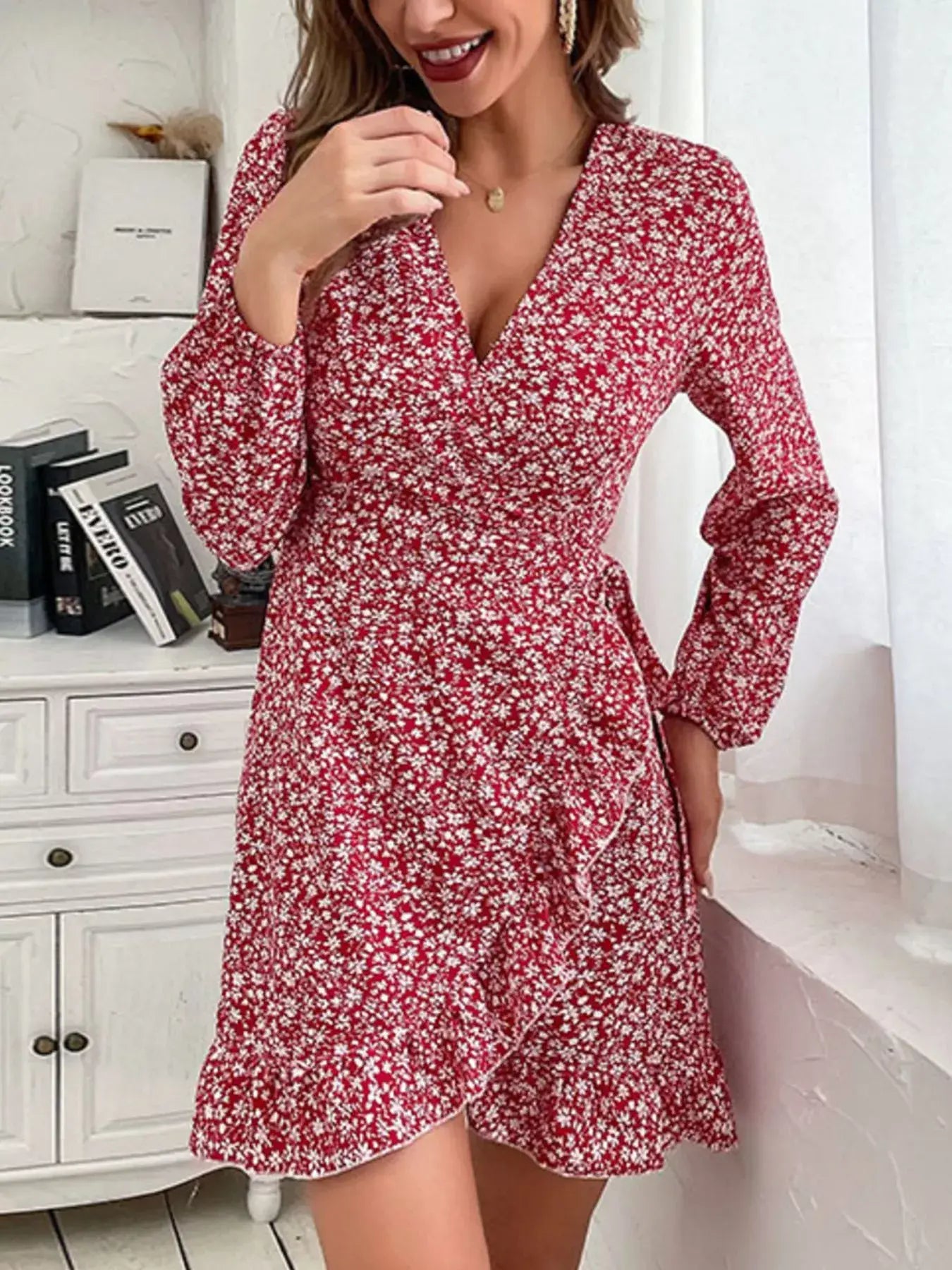 Floral Print Wrap Mini Dress - Trendsi - Flyclothing LLC