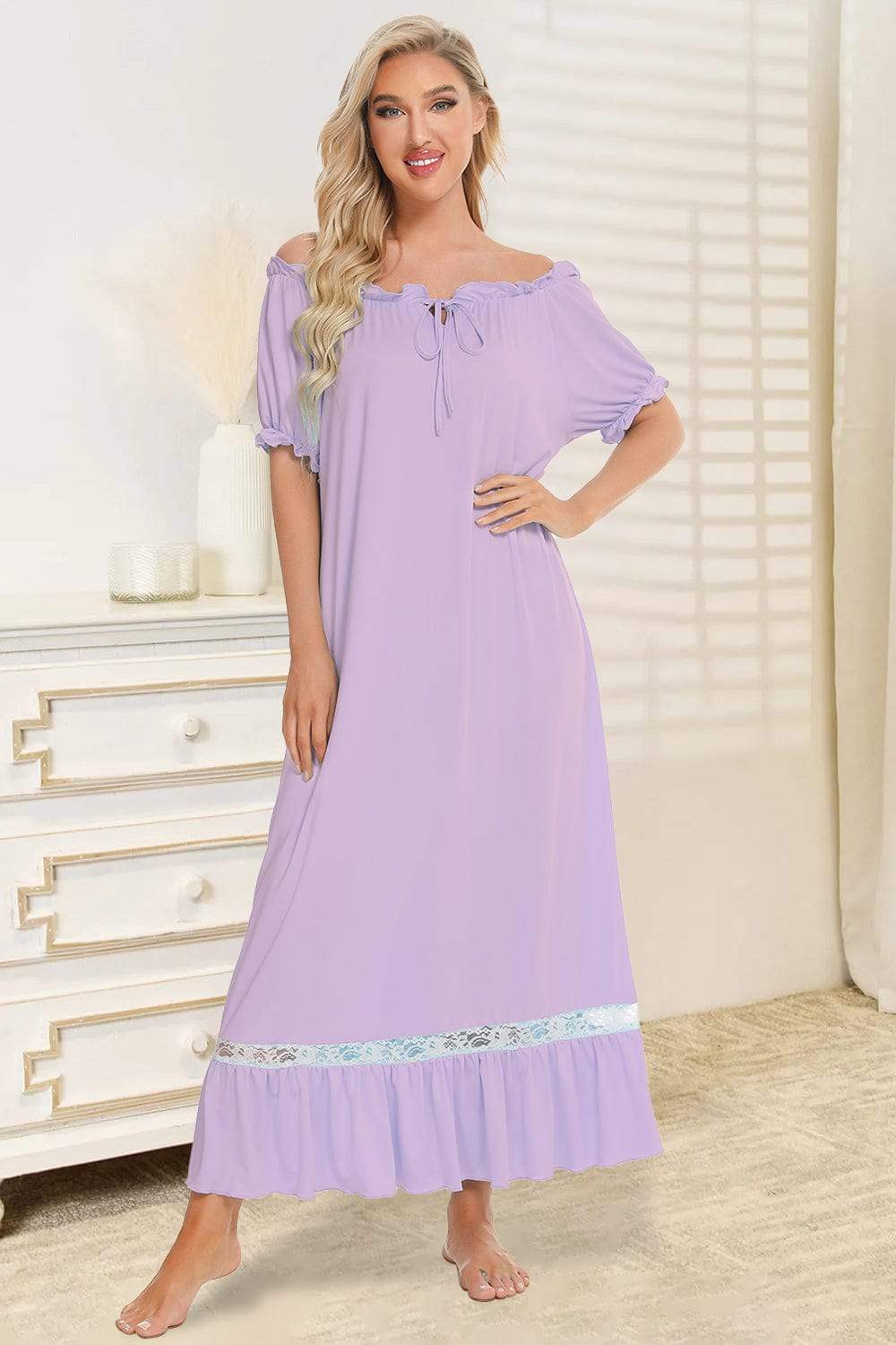 Lace Detail Short Sleeve Lounge Dress - Trendsi - Flyclothing LLC