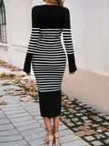 Striped V-Neck Long Sleeve Sweater Dress - Trendsi - Flyclothing LLC