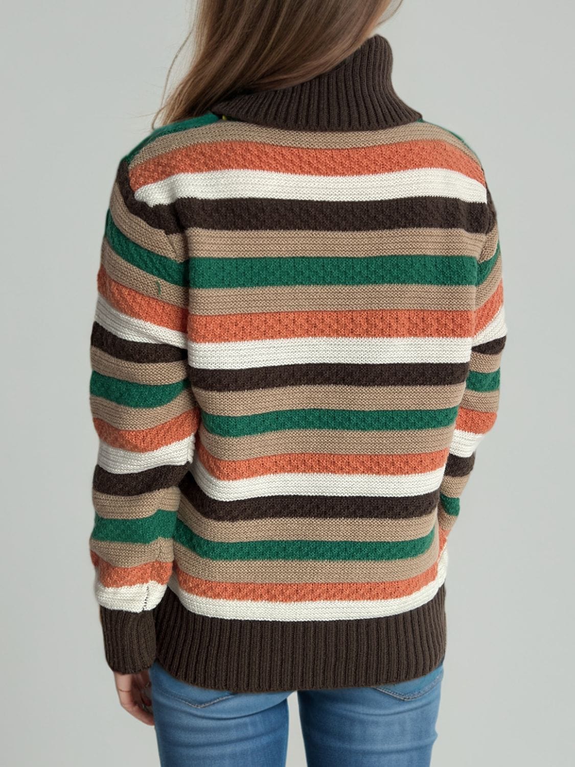 Contrast Stripes Turtleneck Long Sleeve Sweater - Trendsi