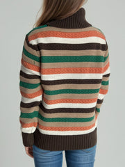 Contrast Stripes Turtleneck Long Sleeve Sweater - Trendsi