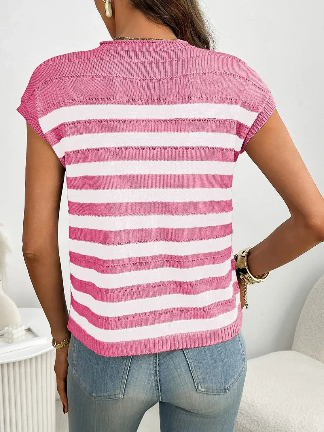 Striped Mock Neck Cap Sleeve Knit Top - Trendsi - Flyclothing LLC