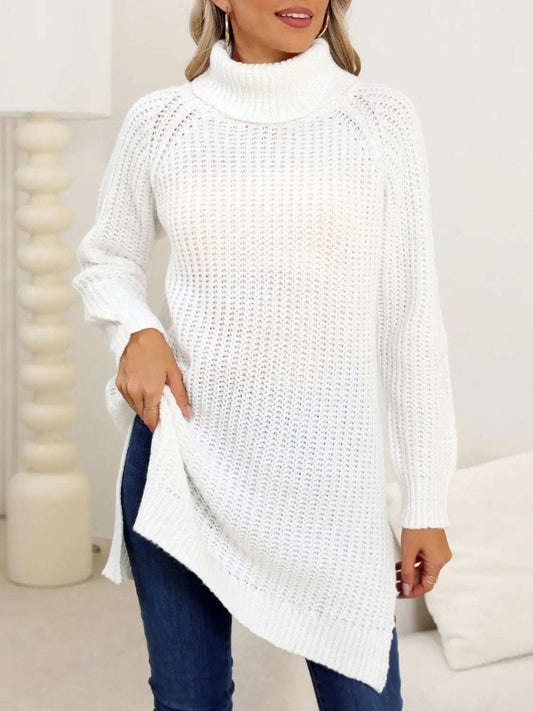 Slit Turtleneck Long Sleeve Sweater - Trendsi - Flyclothing LLC