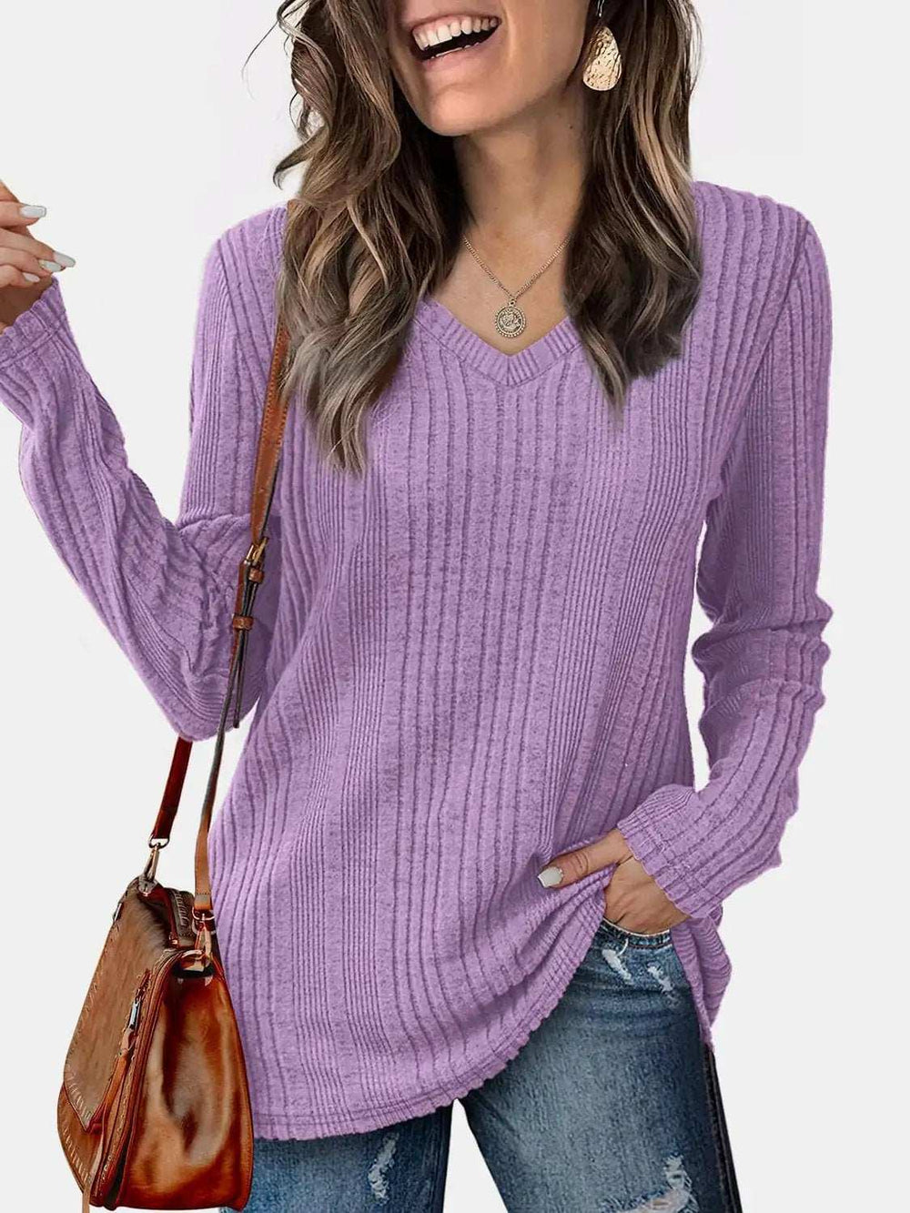 V-Neck Long Sleeve T-Shirt - Trendsi - Flyclothing LLC