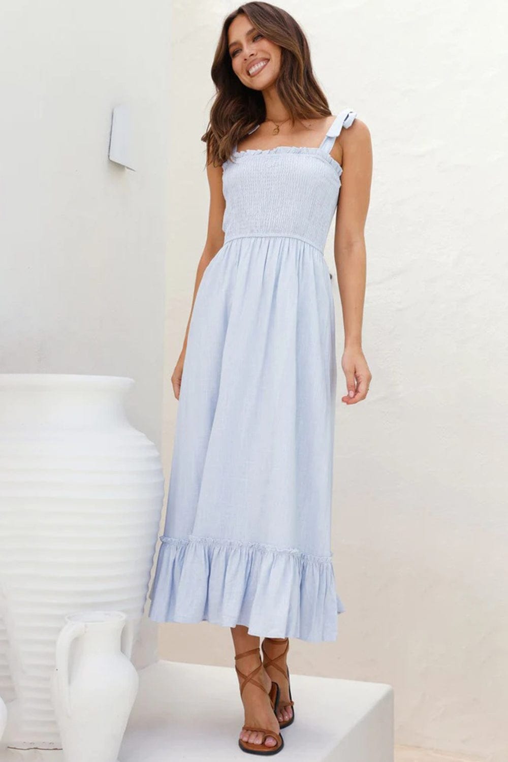 Ruffled Smocked Ruffle Hem Sleeveless Dress - Trendsi