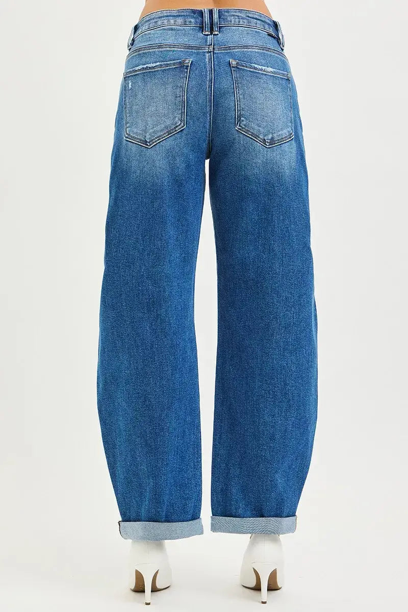 RISEN Full Size Mid Rise Barrel Double Roll Up Jeans Plus Size - Trendsi - Flyclothing LLC