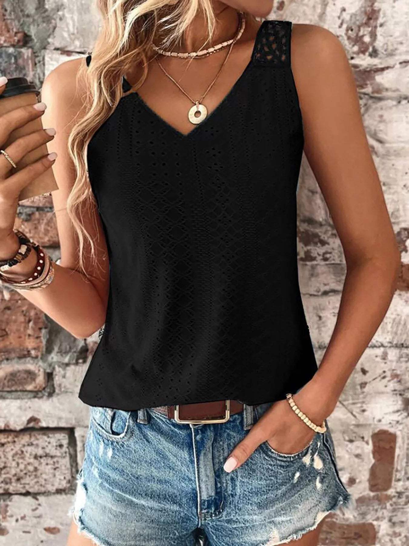 Eyelet Lace Trim V-Neck Tank Top - Trendsi - Flyclothing LLC
