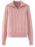 Cable-Knit Half Zip Long Sleeve Sweater - Trendsi - Flyclothing LLC