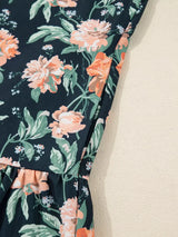 Floral Print Striped Trim V Neck Long Sleeve Ruffle Hem Shift Mini Dress - Trendsi - Flyclothing LLC